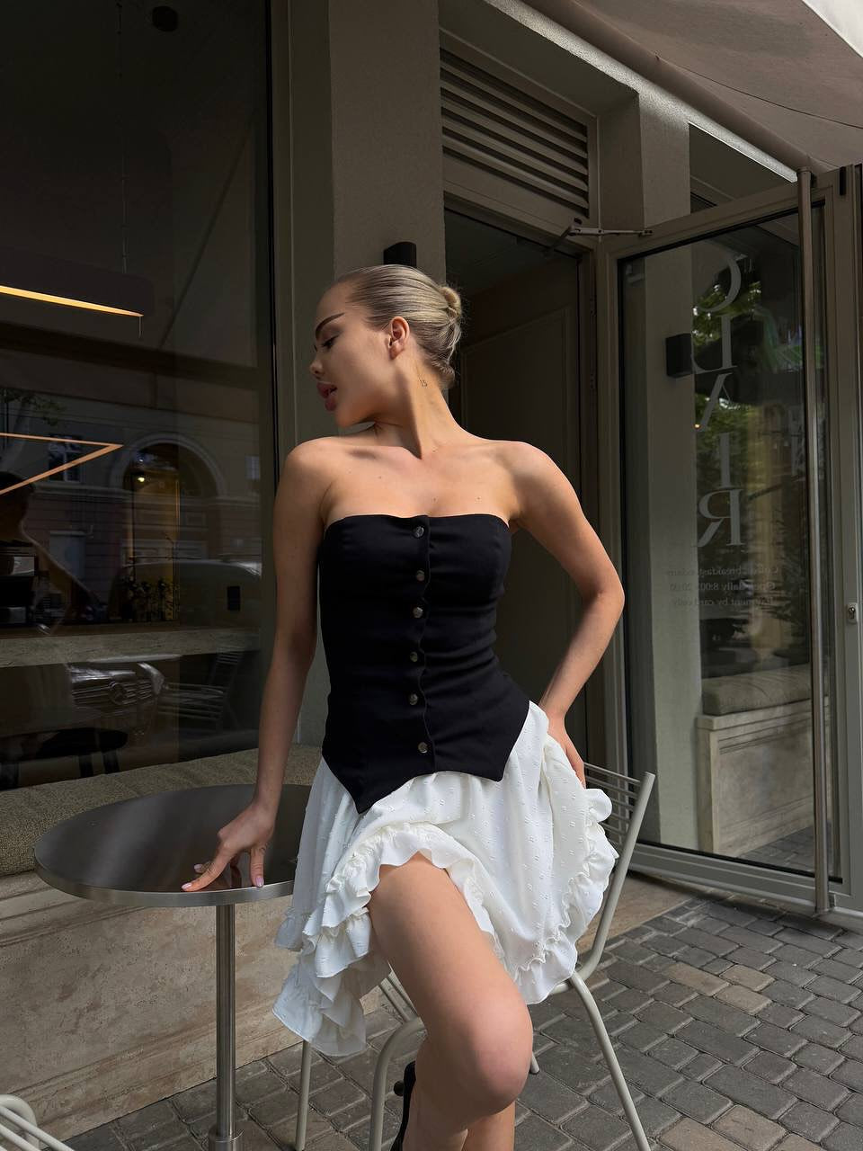Tube Top Sleeveless Button Top Lace Mini Skirt Set
