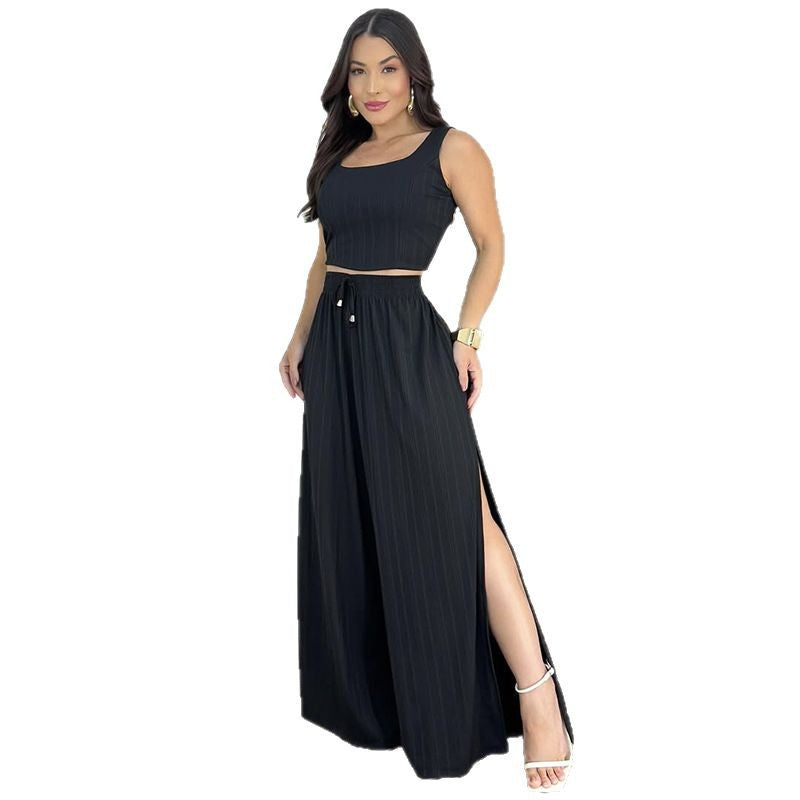 Square Neck Top And Slit Pants Suit
