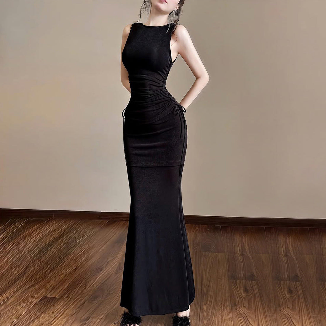 Sleeveless Drawstring Pleated Top and Fishtail Skirt Set