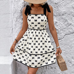 Bow Print Patchwork Halter Dress
