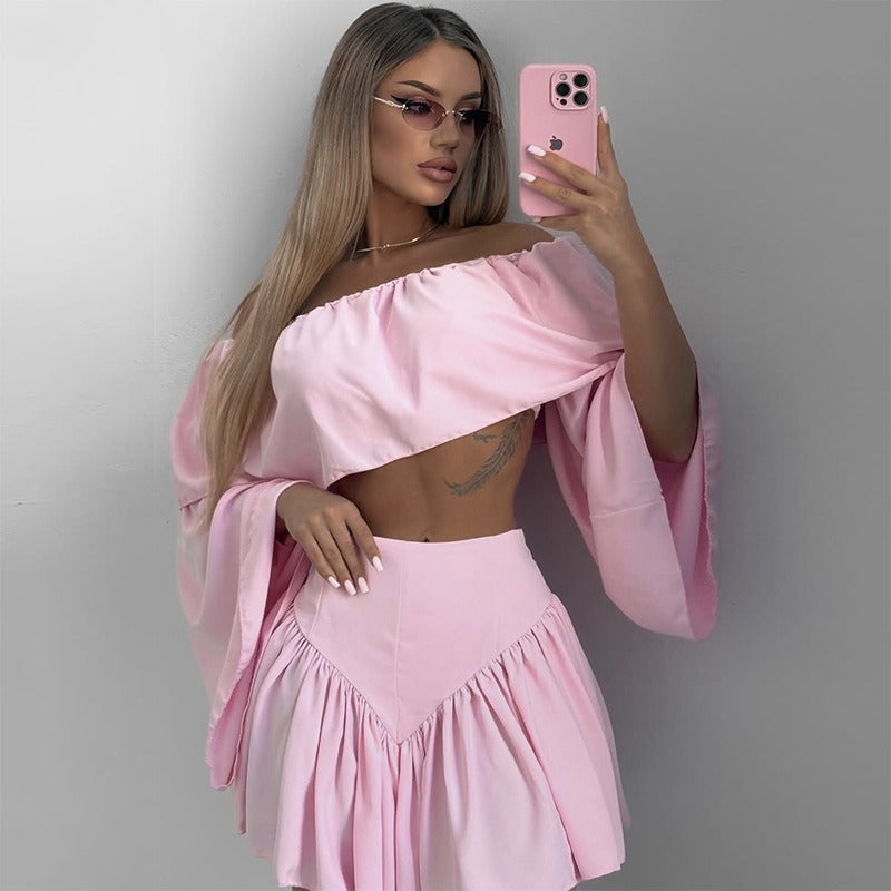 Loose Short Solid Color Top Pleated Skirt Set