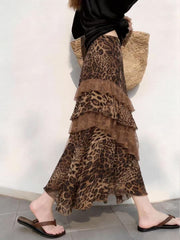 Vintage Leopard Print Ruffled Maxi Skirt