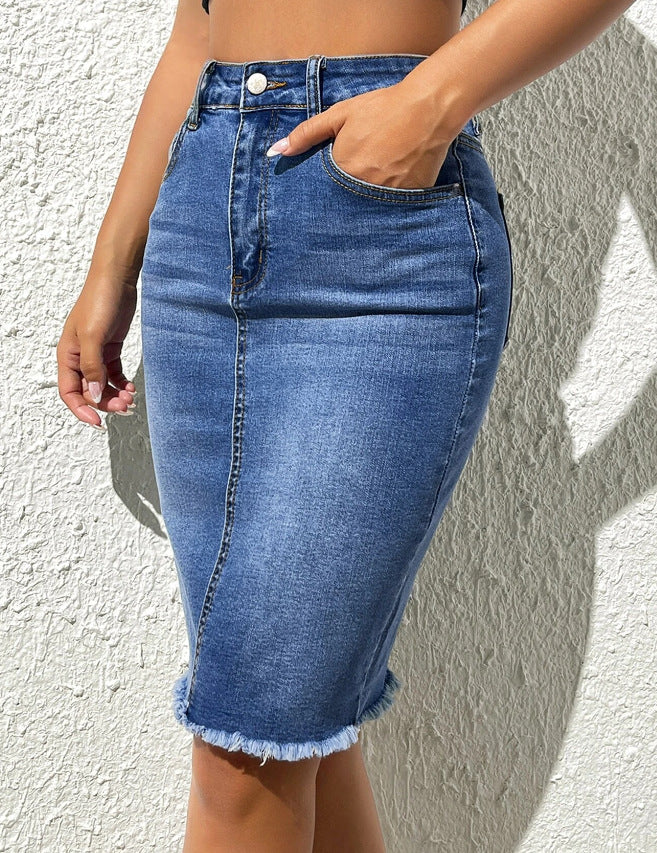 Denim Ripped Back Split Midi Skirts