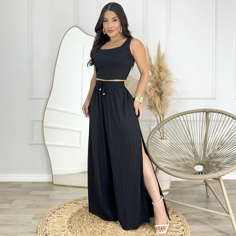 Square Neck Top And Slit Pants Suit