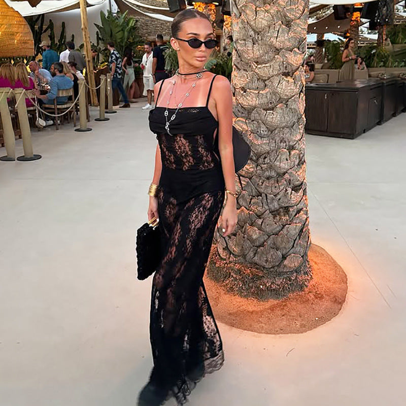Lace Paneled Sheer Fitted Slip Dress