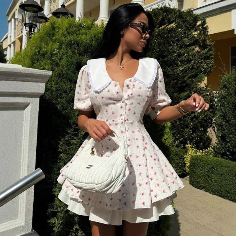Tea Break French Retro Puff Sleeve Short Dress