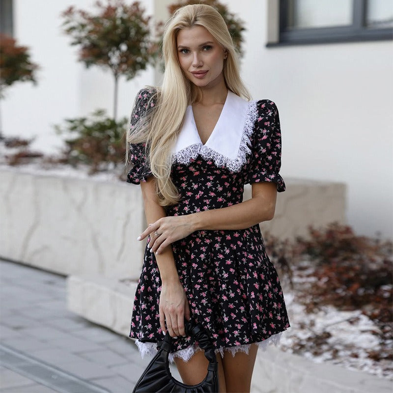 Baby Collar Lace Print Slim Tie Dress