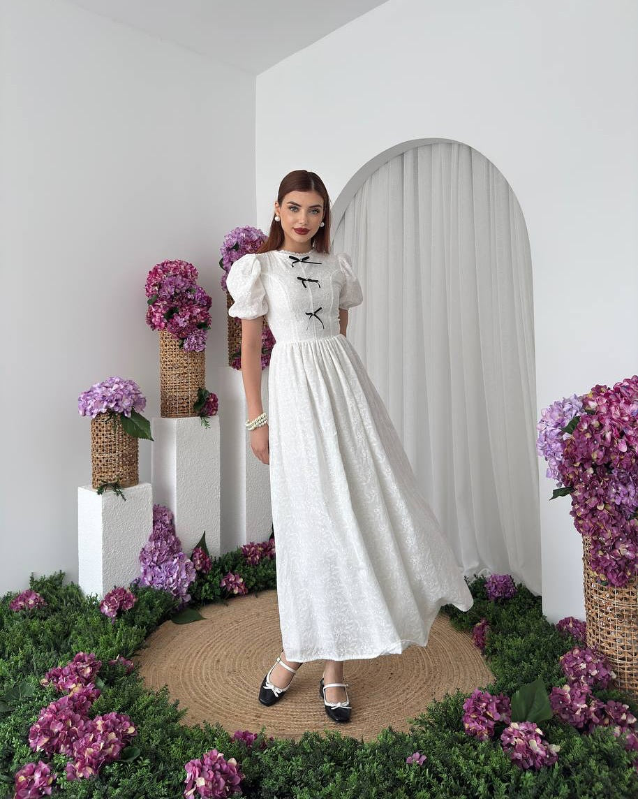 Fresh lace high waist bow dress