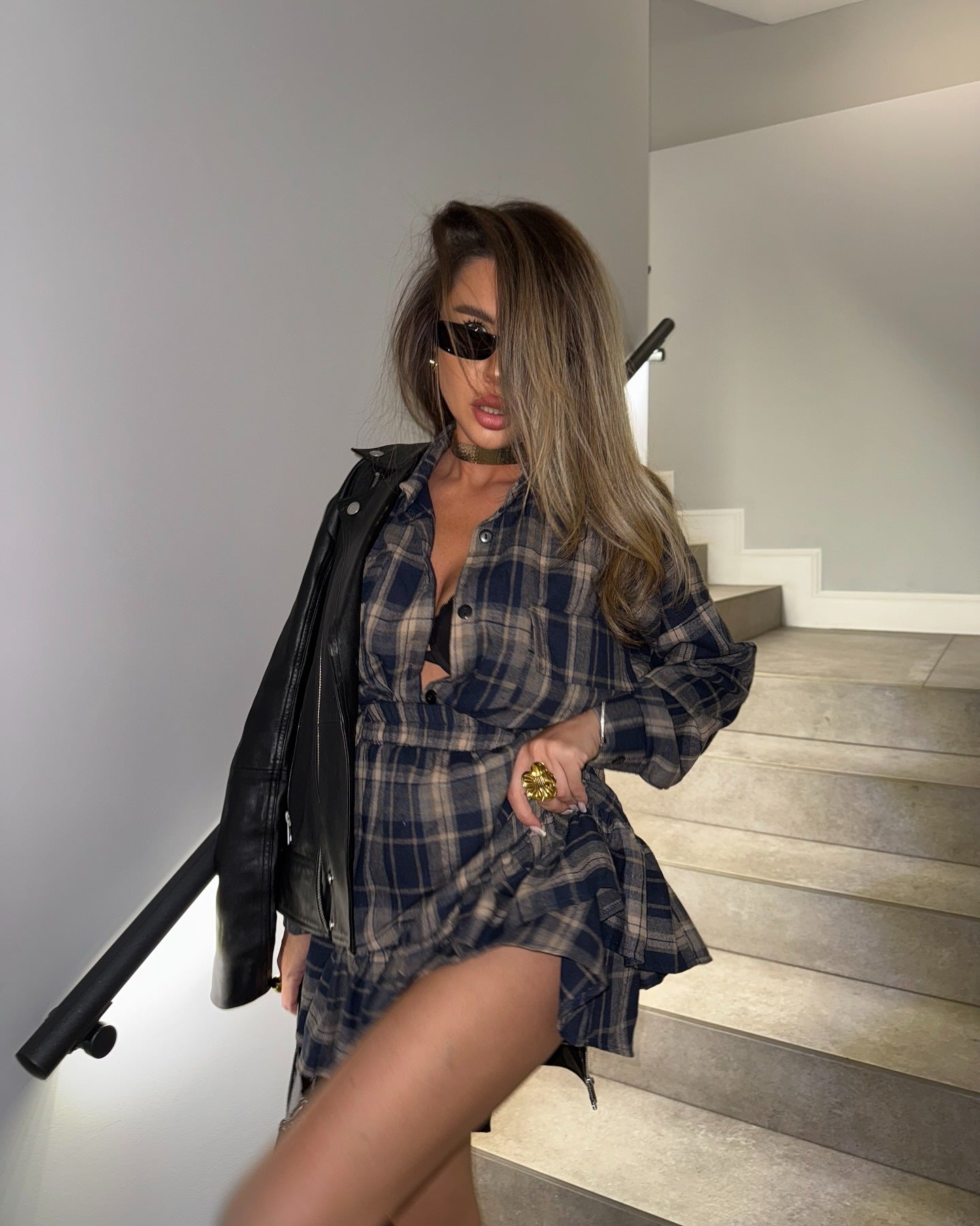 Plaid Shirt Long-Sleeved Top Ruffled Skirt Suit
