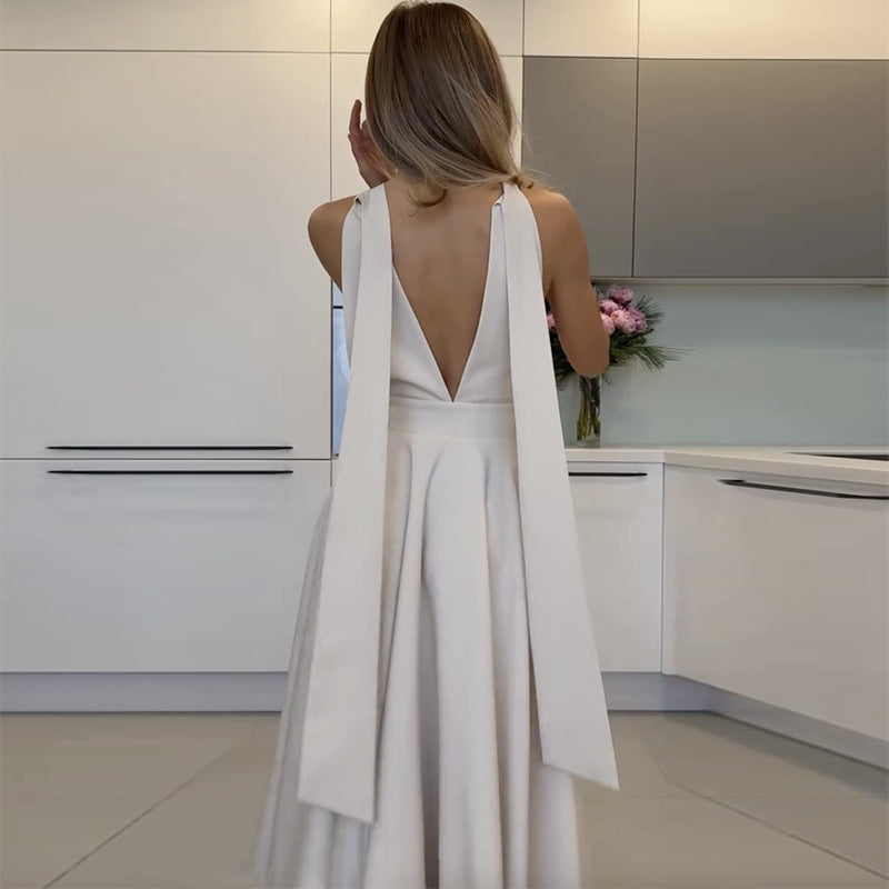 Halter neck tie solid color high waist slim dress