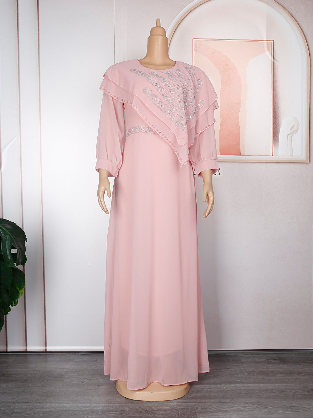 Chiffon Long Sleeve Rhinestone Maxi Dresses