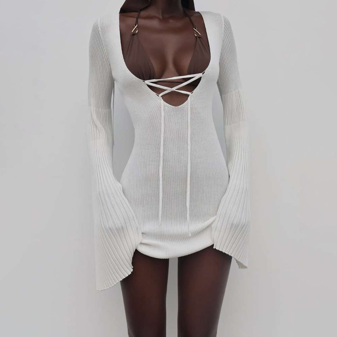 Hollow V-neck tie-flared sleeve knitted dress