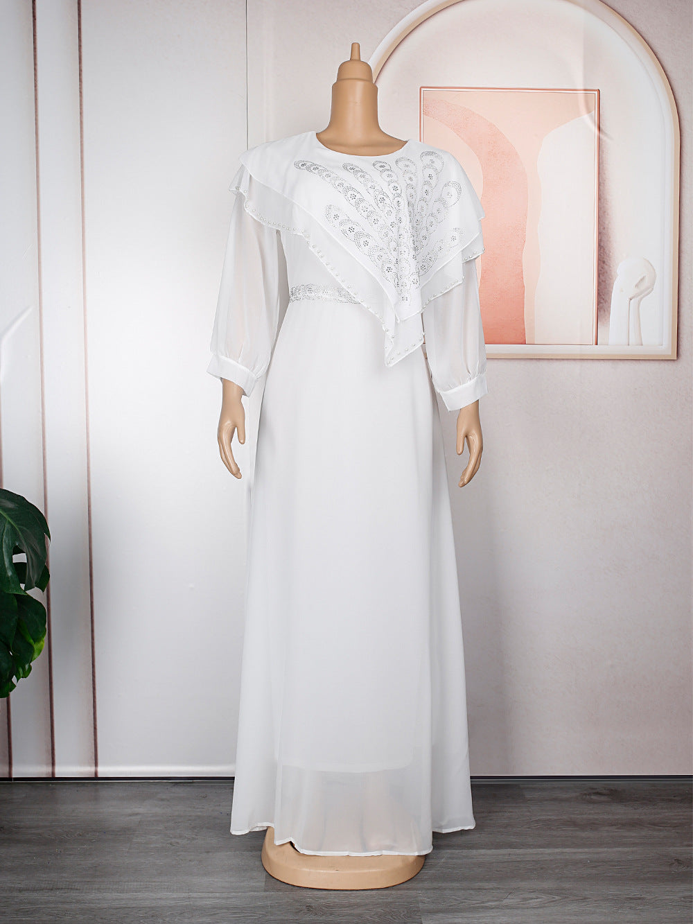 Chiffon Long Sleeve Rhinestone Maxi Dresses