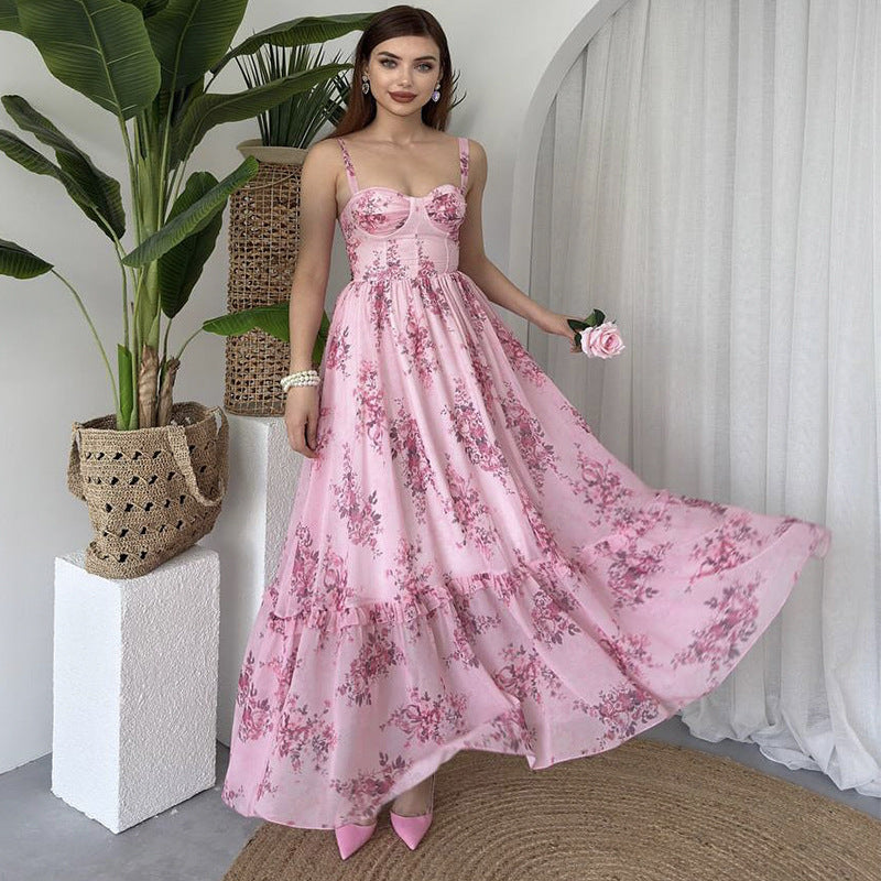 Fresh Halter Waist Printed Backless Dress
