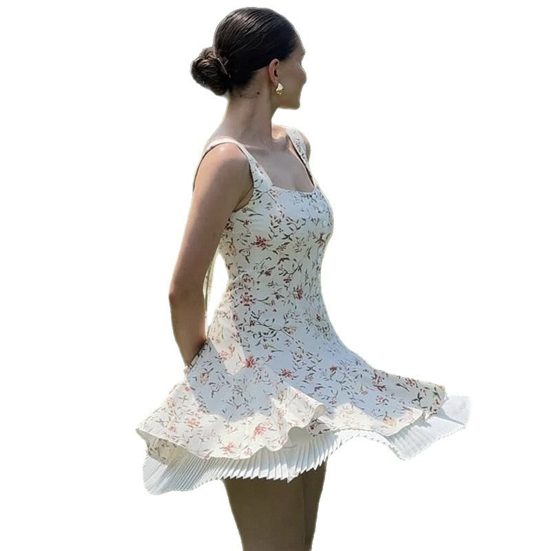 Sling Printed Fit Button Short Dress