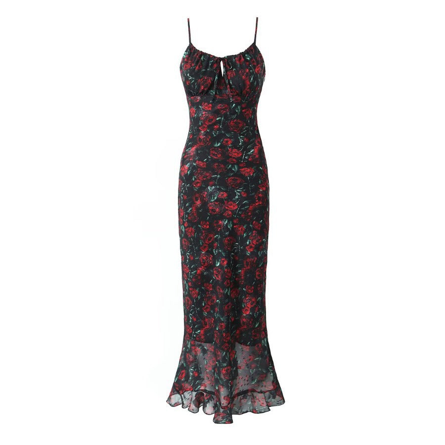 Sexy Maxikleid aus Satin mit Rosen-Print und V-Ausschnitt und Schlitz im Vintage-Stil