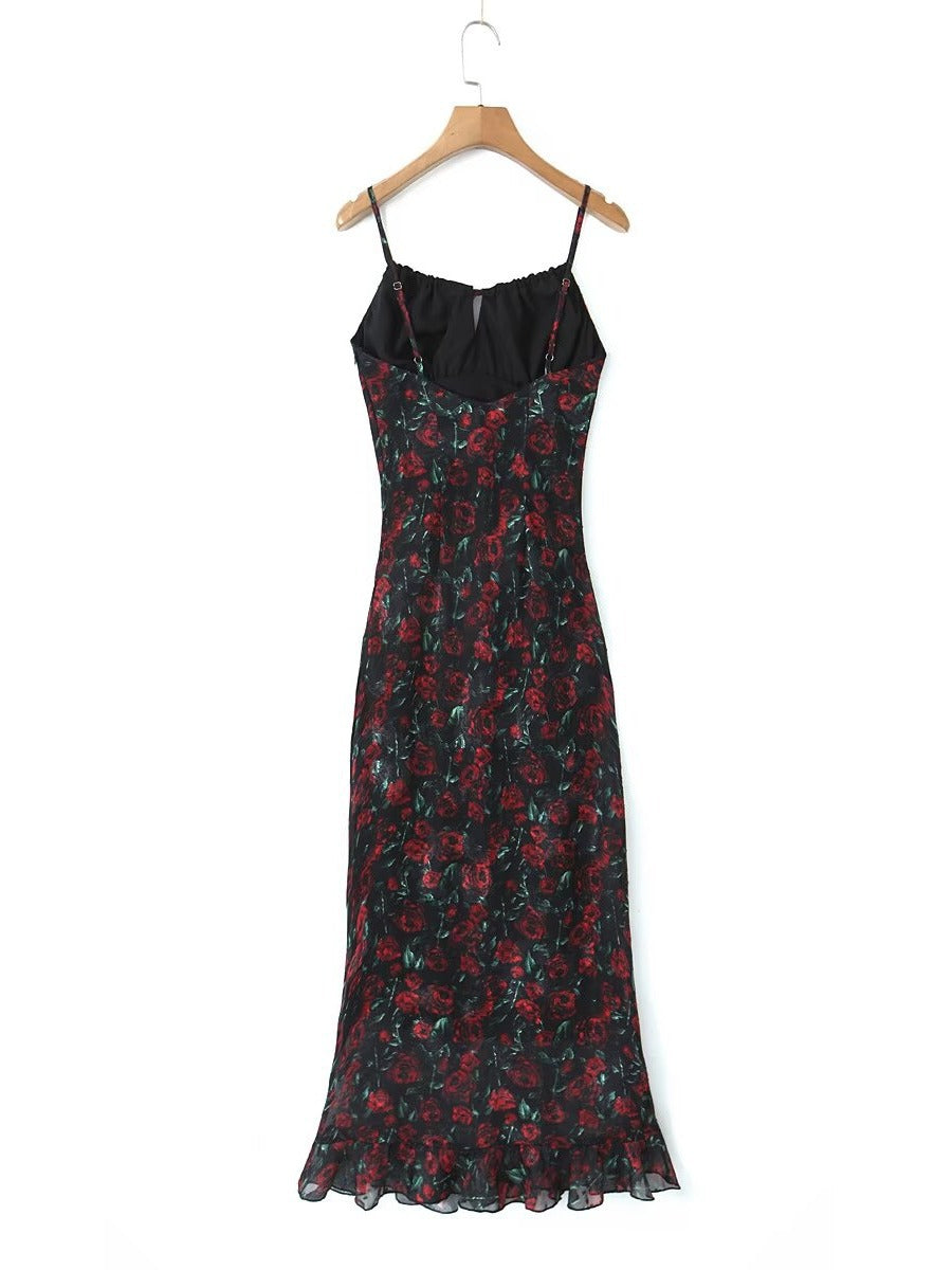 Sexy Maxikleid aus Satin mit Rosen-Print und V-Ausschnitt und Schlitz im Vintage-Stil