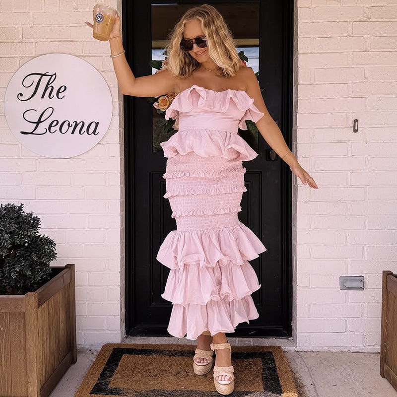 Ruffled waist slim hip cake dress