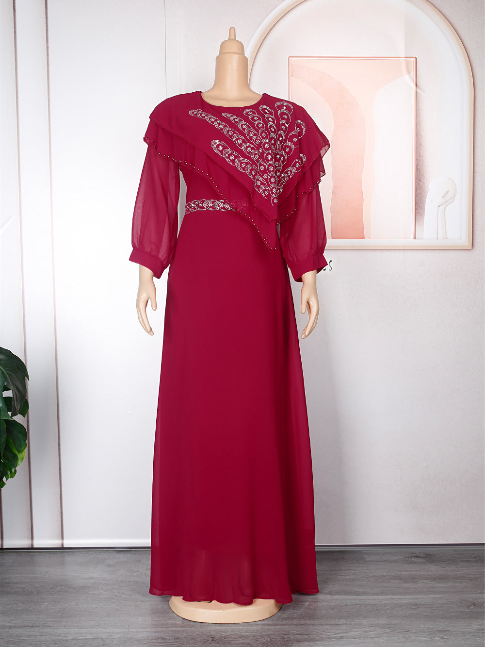 Chiffon Long Sleeve Rhinestone Maxi Dresses