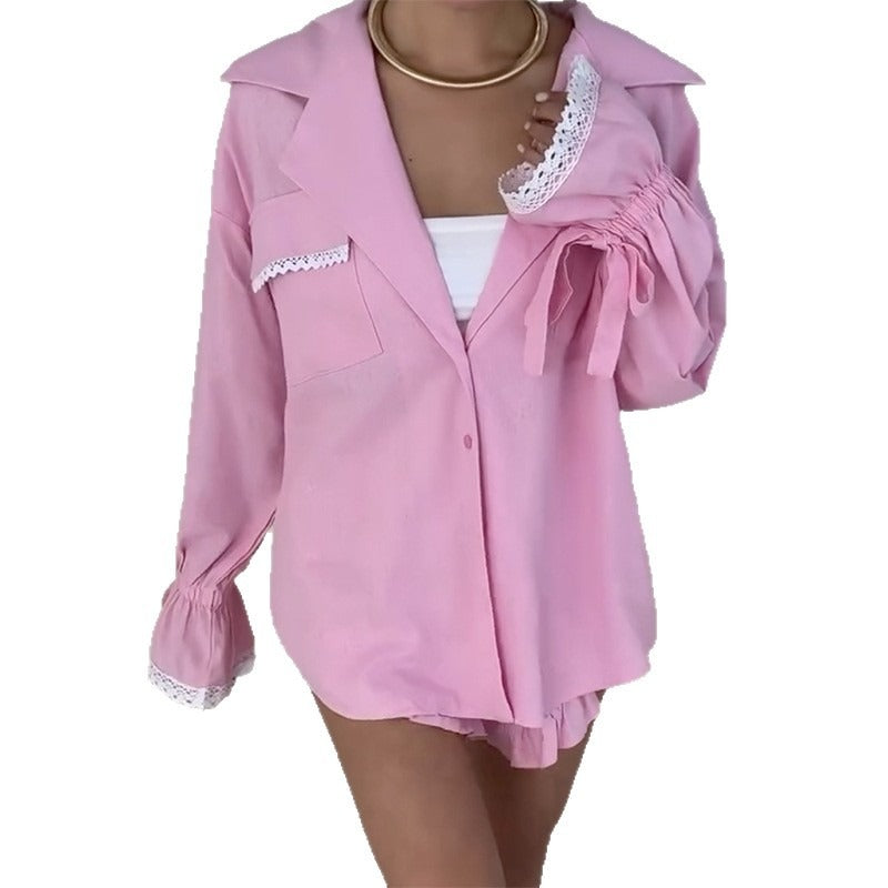 Lace Collar Trumpet Sleeve Shirt Shorts Set