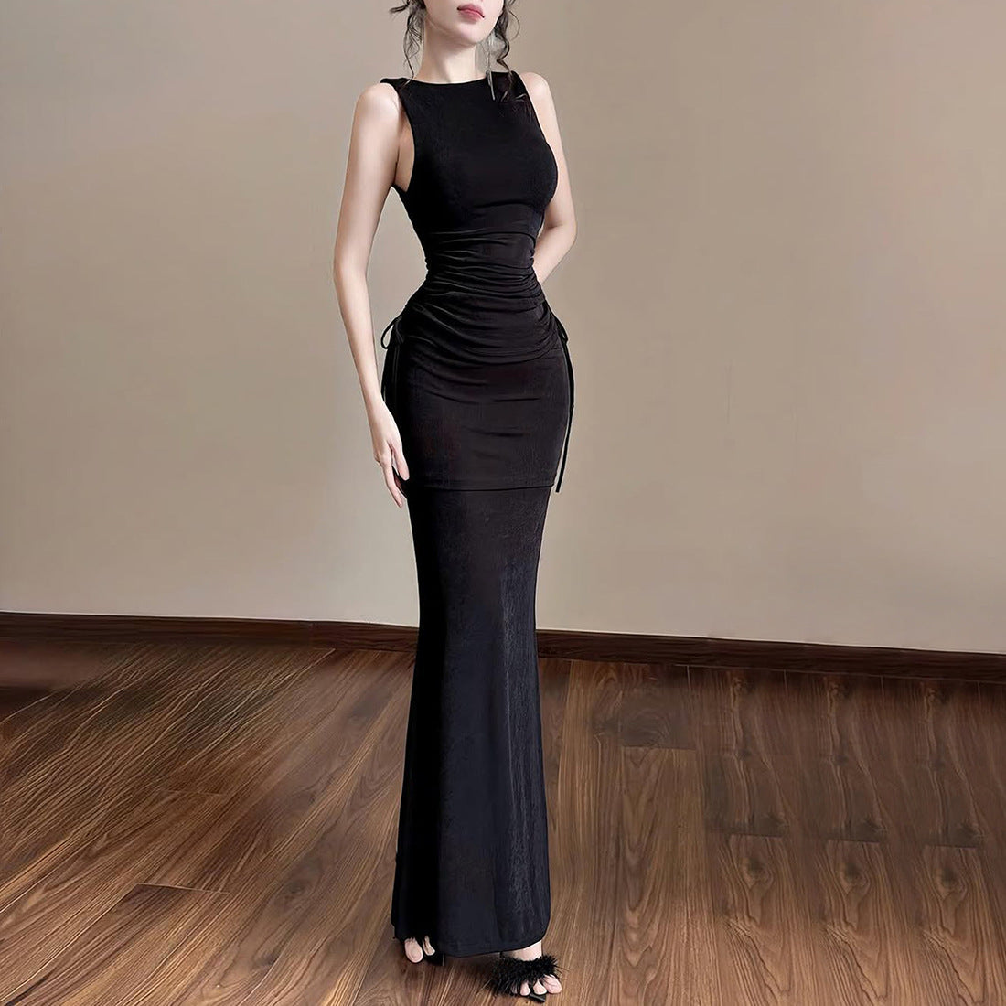 Sleeveless Drawstring Pleated Top and Fishtail Skirt Set