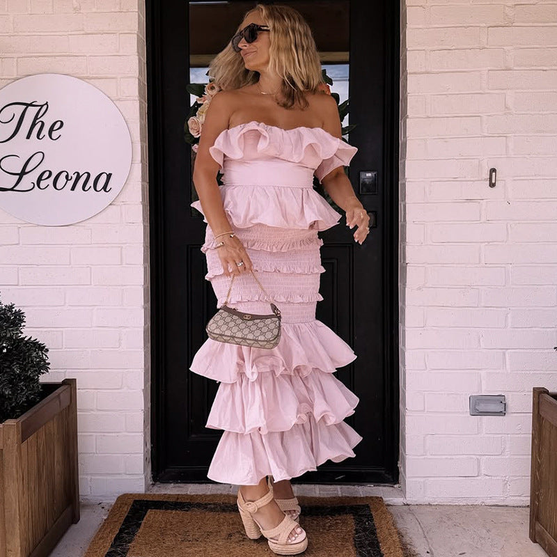 Ruffled waist slim hip cake dress