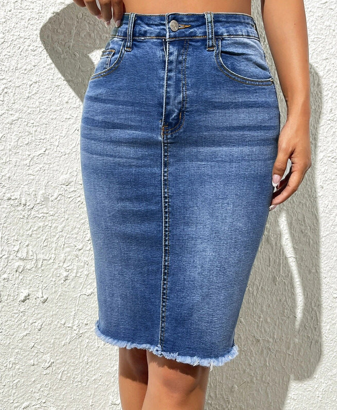 Denim Ripped Back Split Midi Skirts