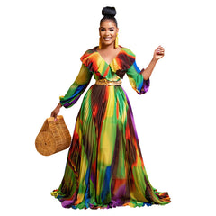 Plus Size Long Sleeves Patchwork Maxi Dresses