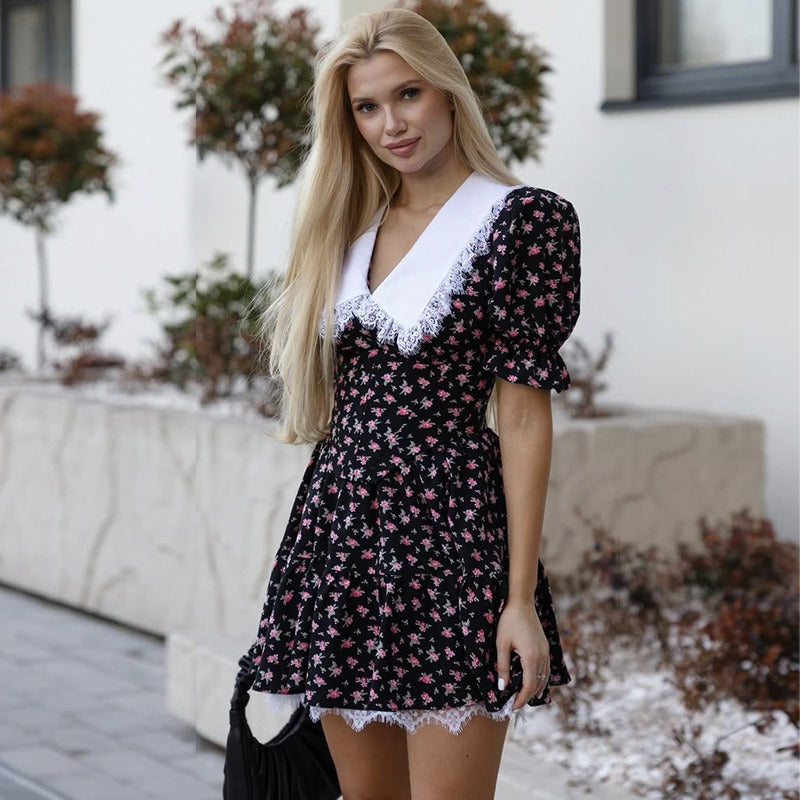 Baby Collar Lace Print Slim Tie Dress