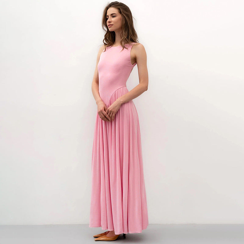 Solid-color round-neck backless sleeveless dress