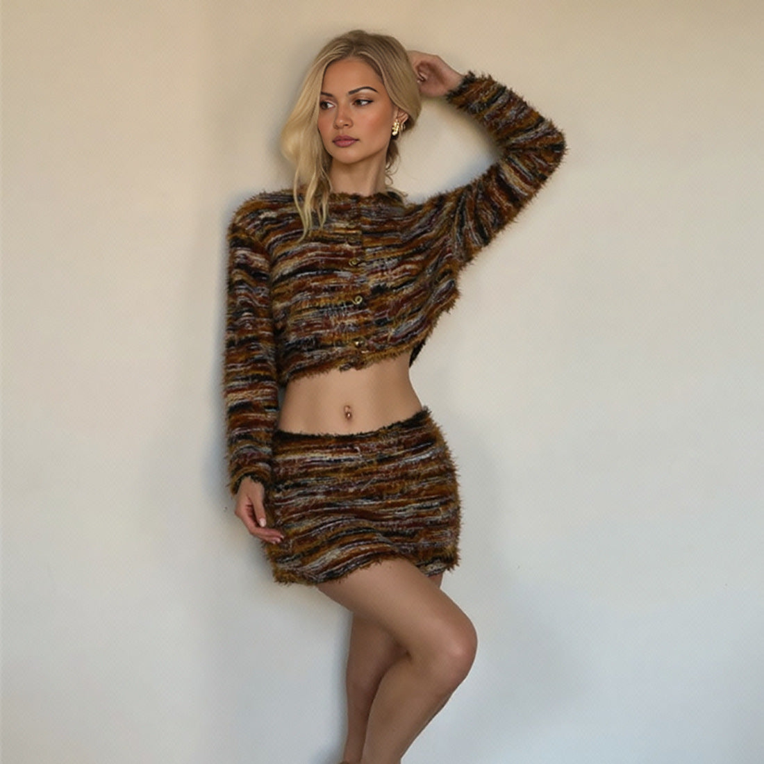 Striped round neck cardigan jacket and hip skirt suit