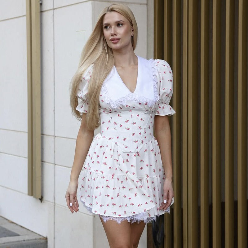 Baby Collar Lace Print Slim Tie Dress