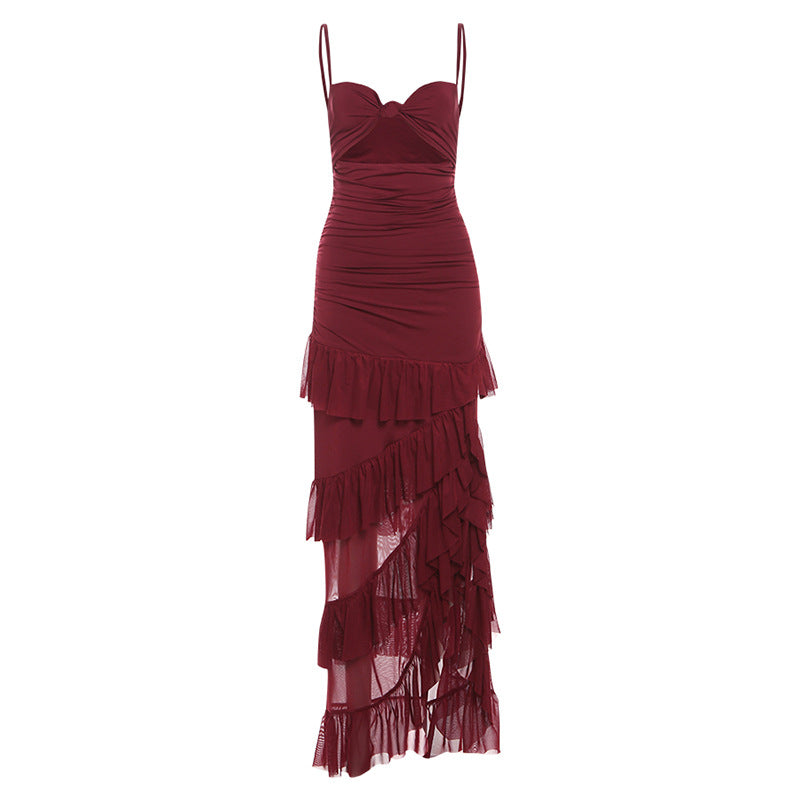 A Cutout Side-Slit Backless Mesh Halter Dress