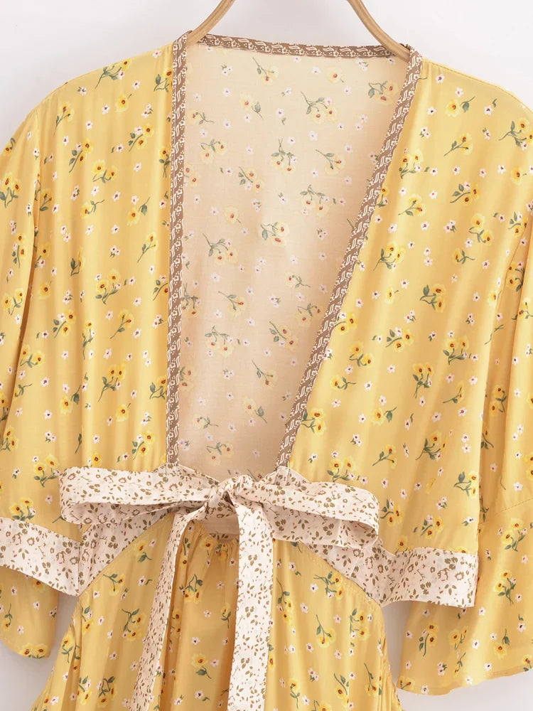Elowen High-Low Boho Midi Dress in Golden Blossom