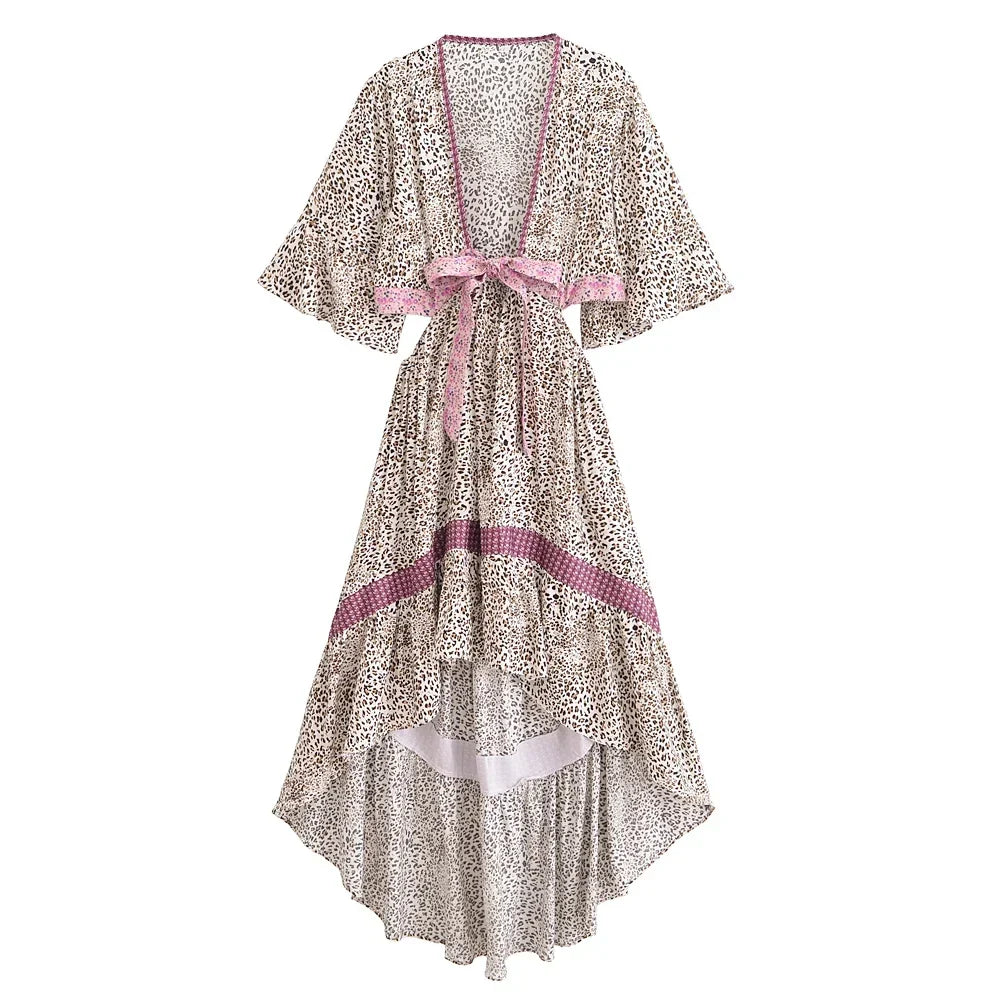 Elowen High-Low Boho Midi Dress â€?Wild Rose Leopard