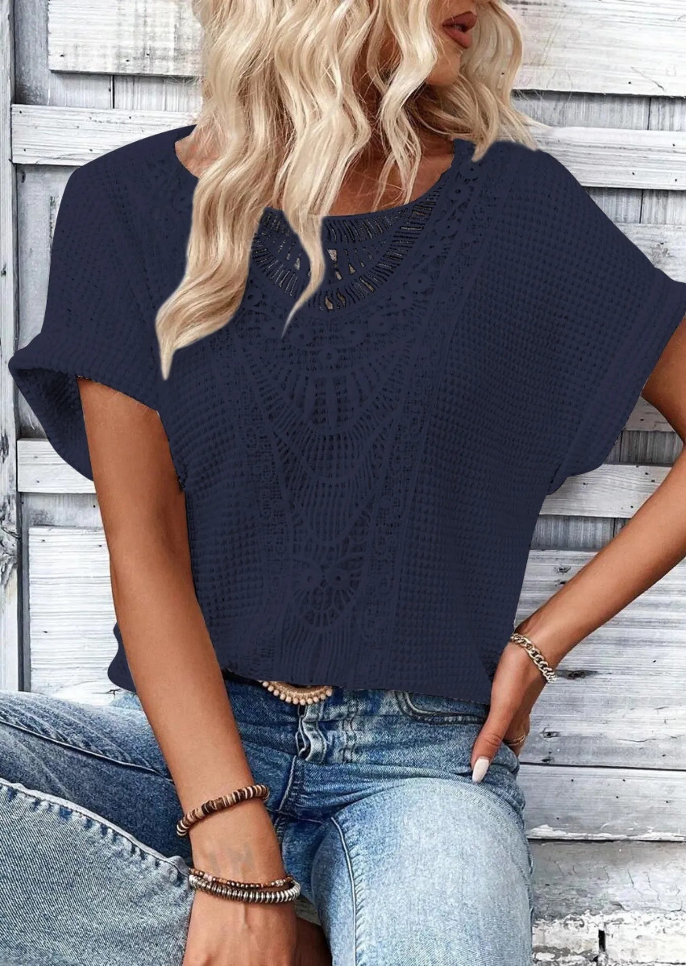 Crochet Lace Short Sleeve Casual T-Shirt