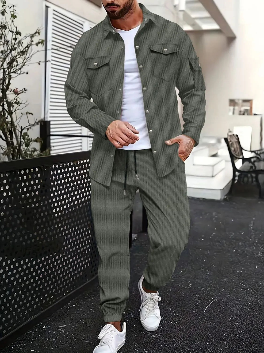Men's Full Size Snap Down Long Sleeve Top and Pants Plus Size