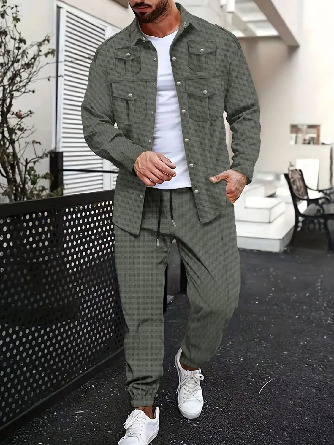 Men's Full Size Snap Down Long Sleeve Top and Pants Set Plus Size