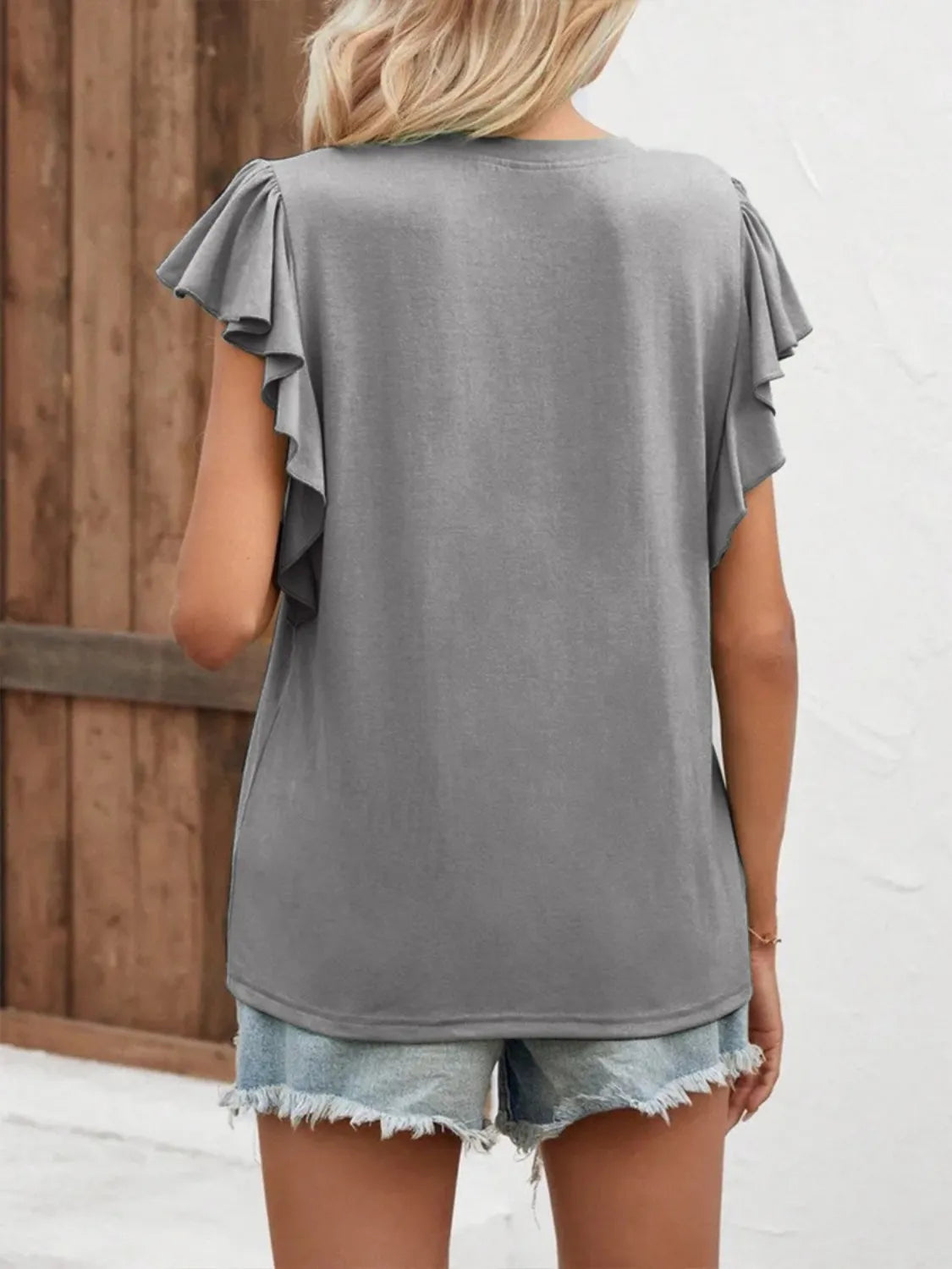 Ruffled Notched Cap Sleeve Blouse Plus Size