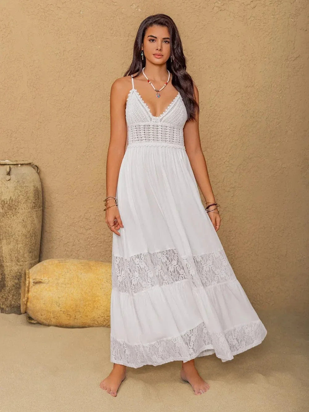 Boho Crochet Cami Maxi Dress Romantic Tiered Layers