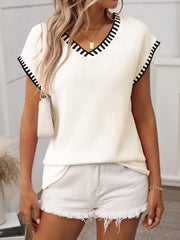 Contrast Trim V-Neck Short Sleeve Knit Top Effortlessly Chic