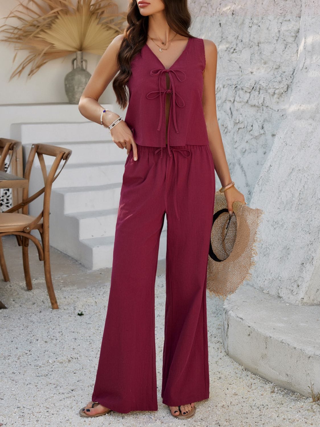 Cotton Chic Tied V-Neck Sleeveless Top & Pants Set