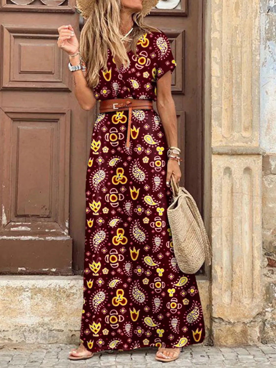 Full Size Printed V-Neck Short Sleeve Maxi Dress Plus Size