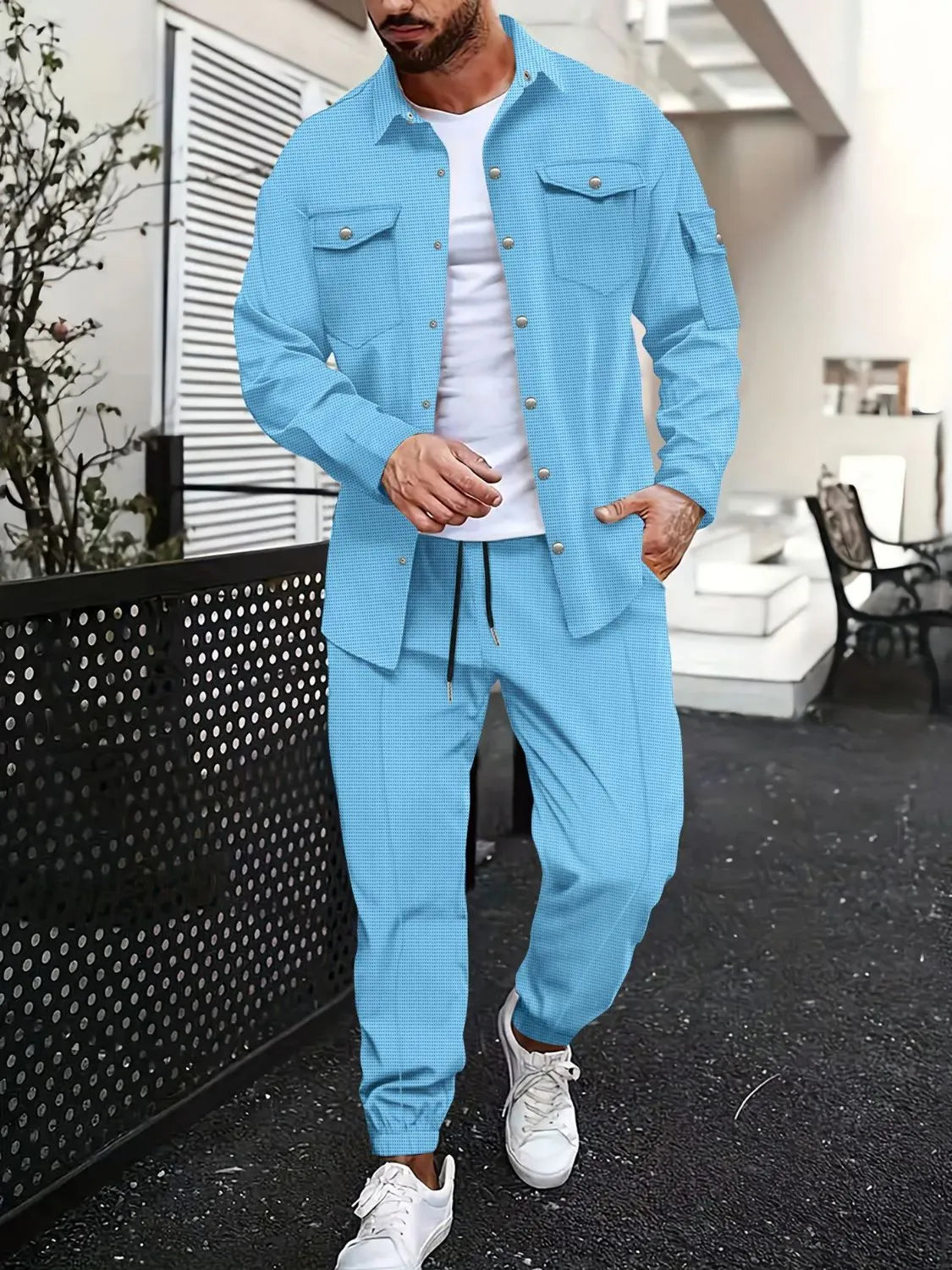 Men's Full Size Snap Down Long Sleeve Top and Pants Plus Size
