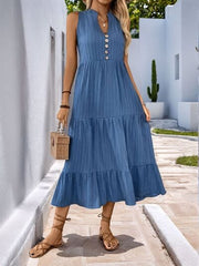 Decorative Button Notched Sleeveless Tiered Dress