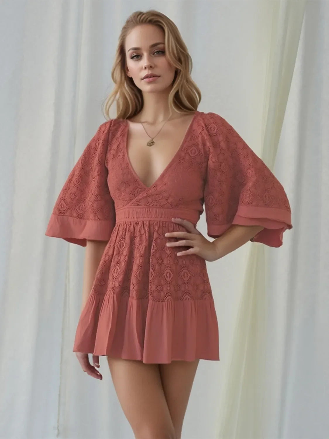 Full Size Lace Cutout Back Half Sleeve Mini Dress Plus Size