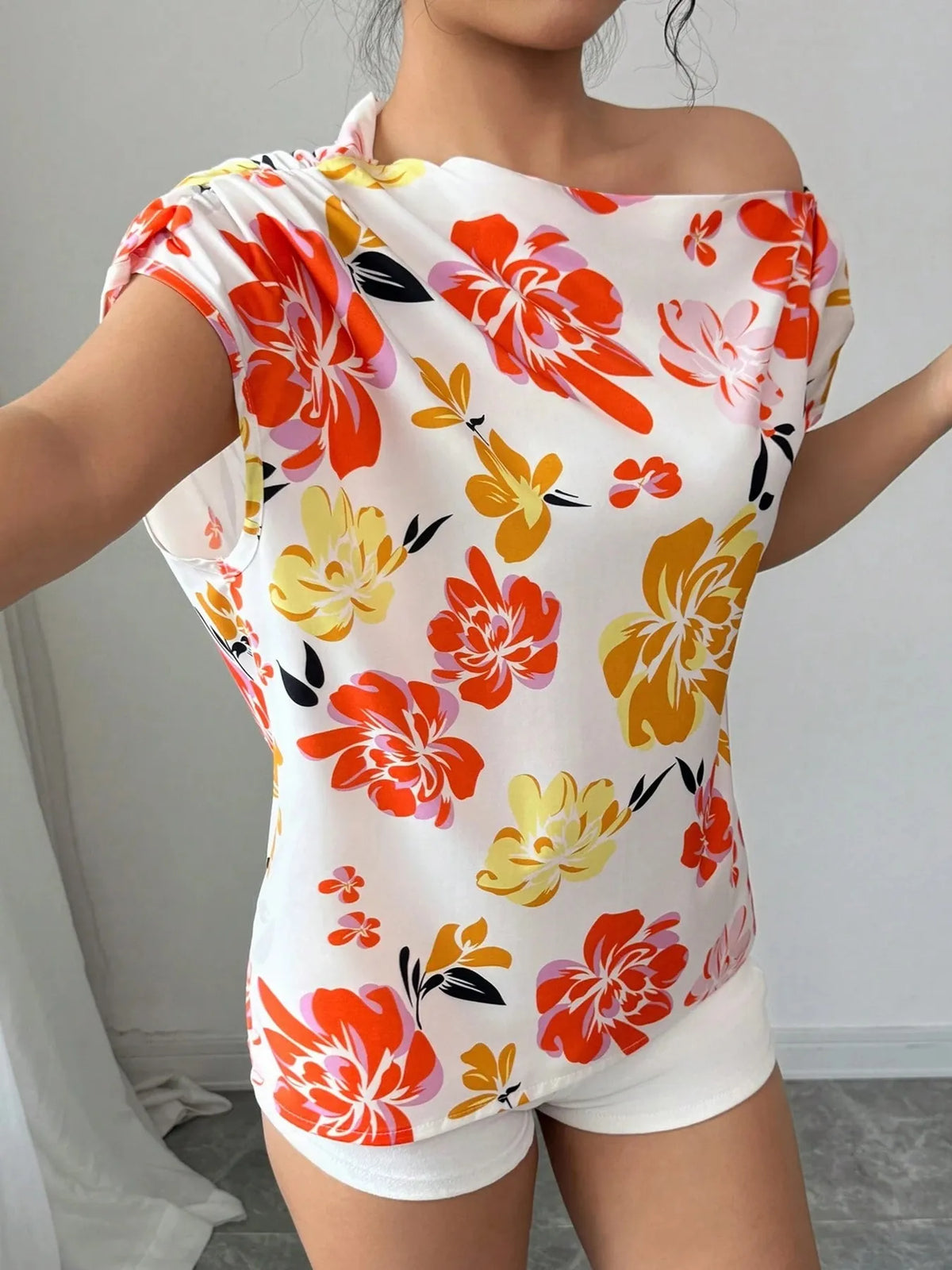 Floral Print One Shoulder Short Sleeve Blouse