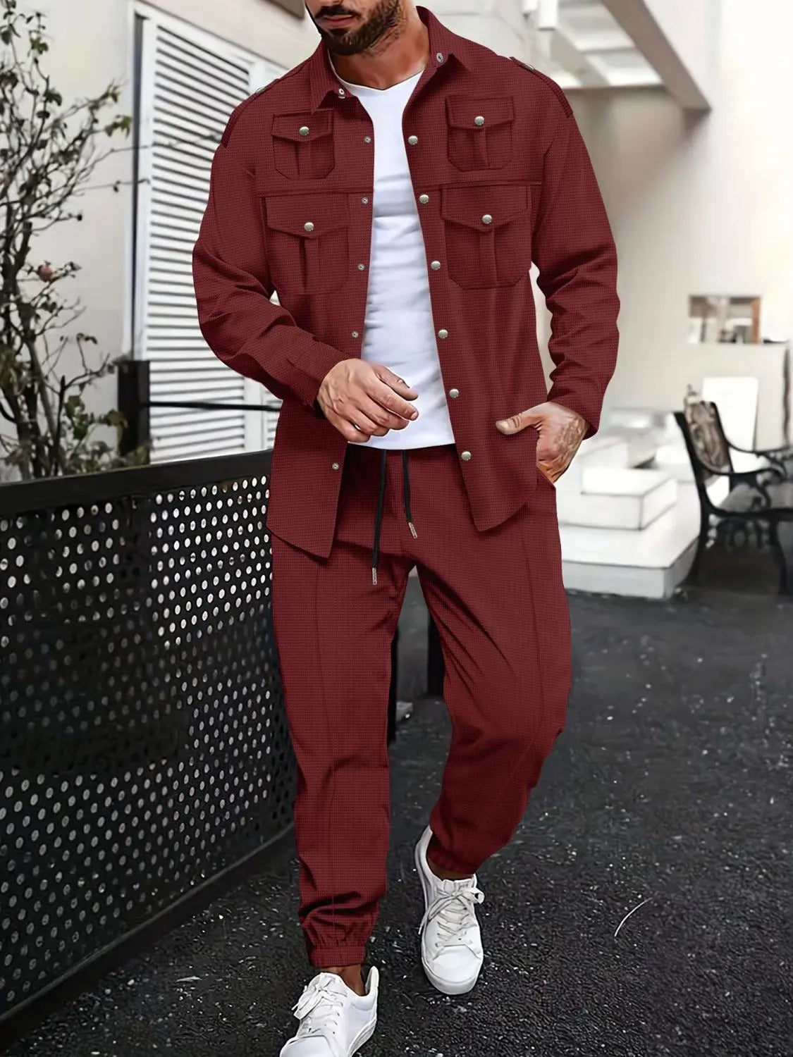 Men's Full Size Snap Down Long Sleeve Top and Pants Set Plus Size