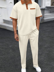 Men's Full Size Waffle-Knit Contrast Polo and Pants Set Plus Size