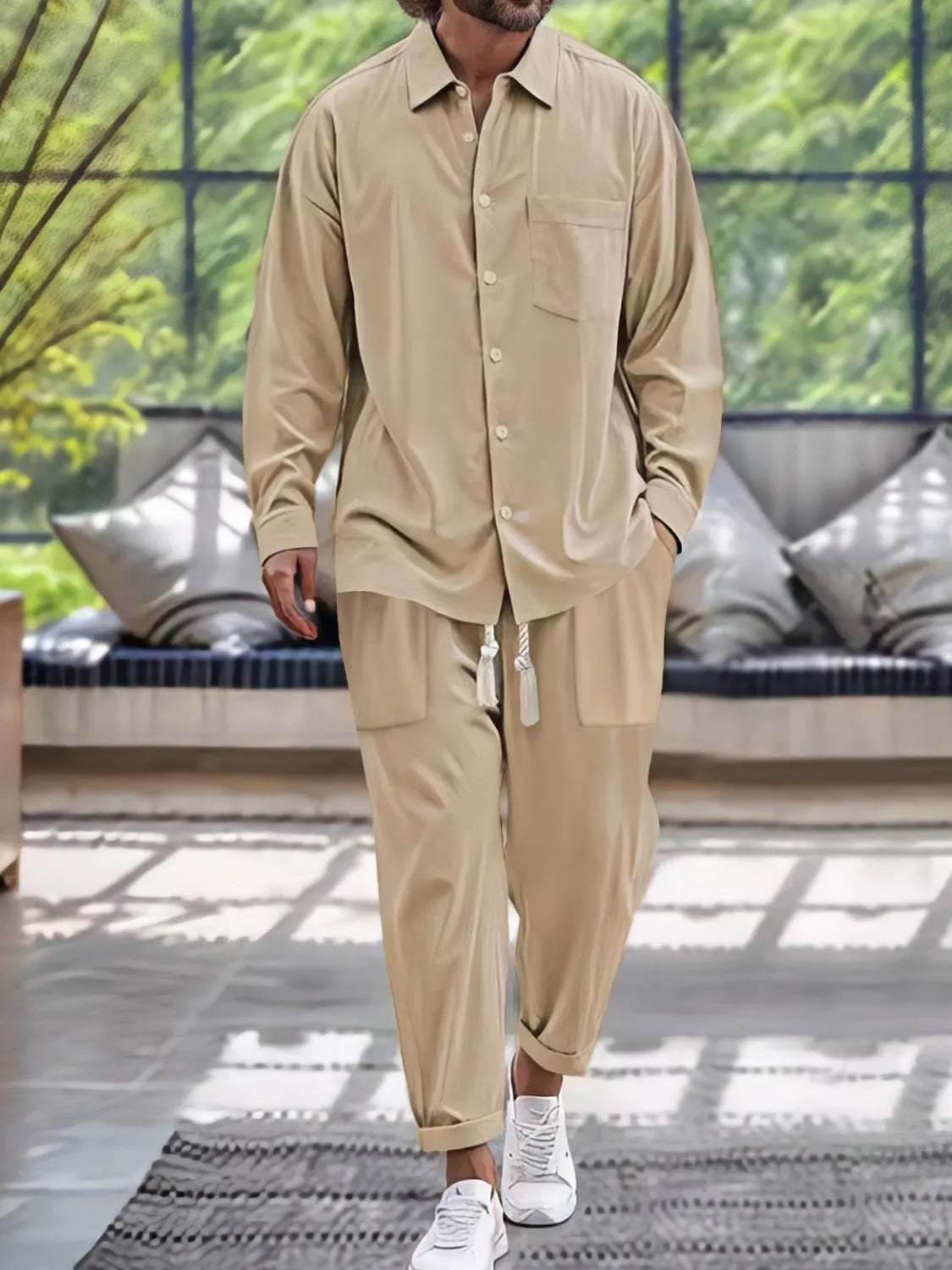Men's Button Down Long Sleeve Shirt and Pants Set